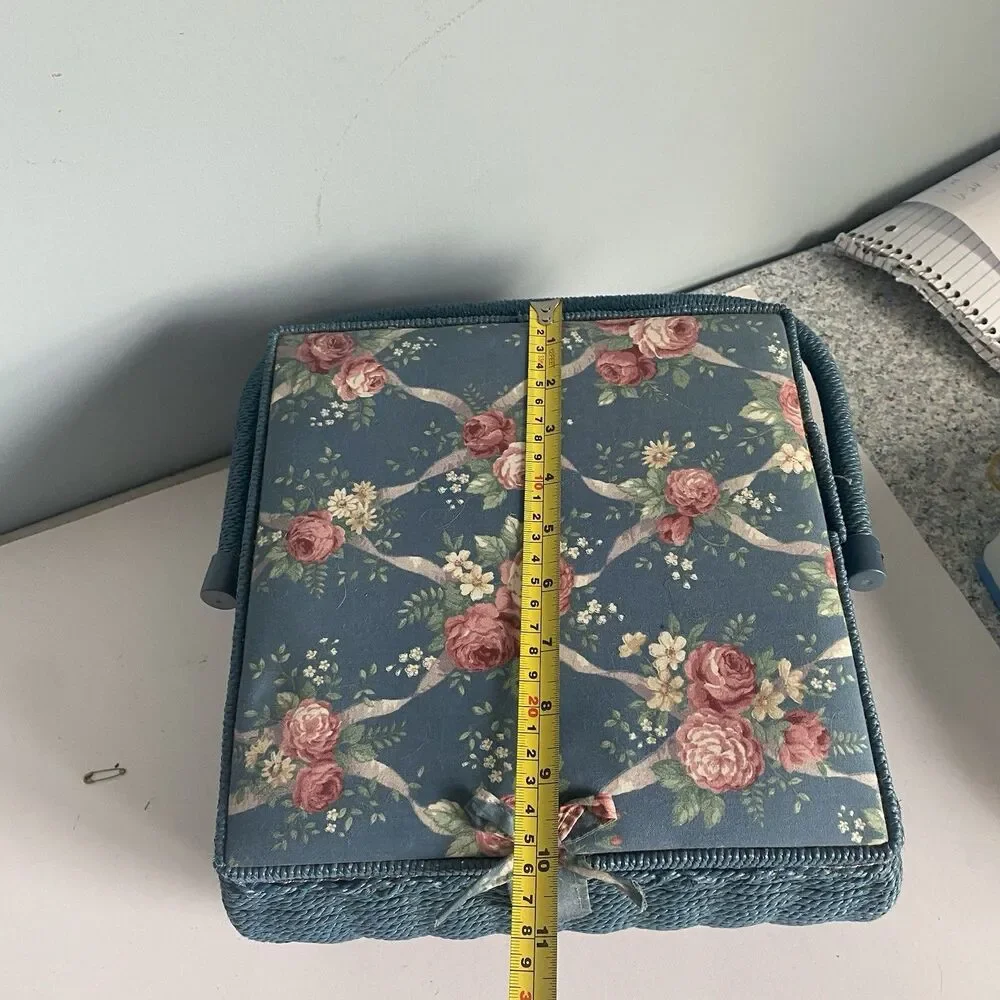 Floral Wicker Sewing Basket w Handle, Compartment Blue 10” X 10” X 7”